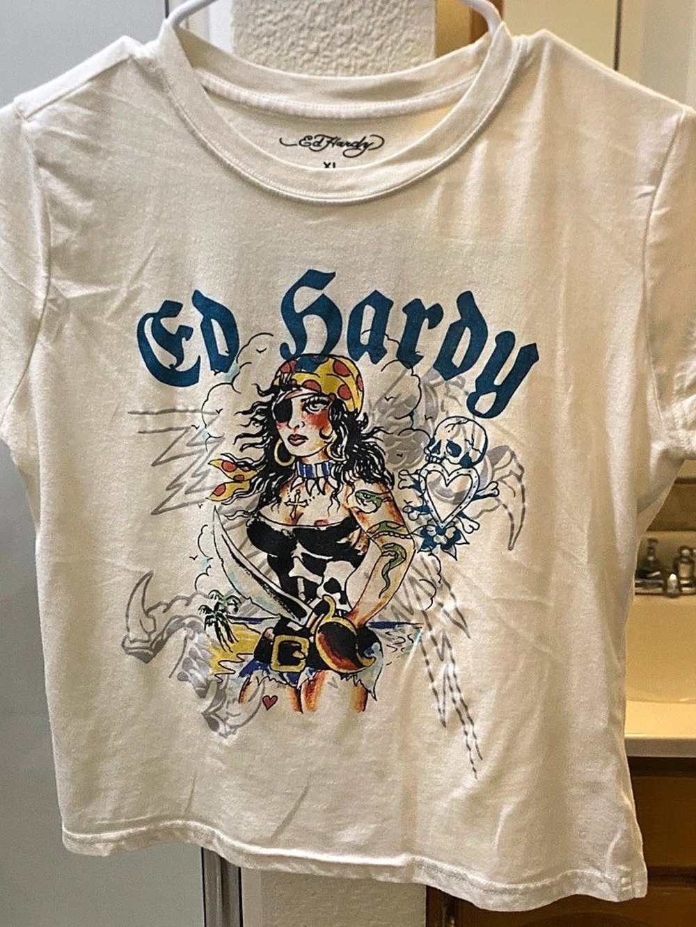 Ed Hardy Graphic Tee in White & Blue Size XL